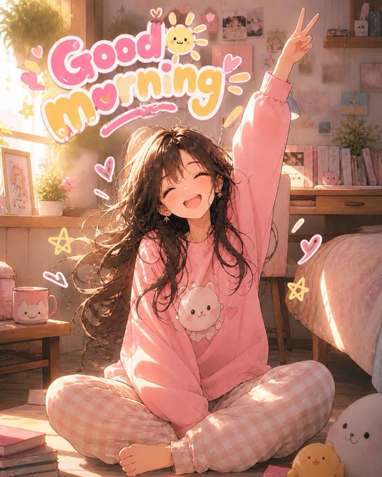 An anime-style illustration of a smiling girl in pink pajamas sitting on the floor, raising her arm in a peace sign, with 'Good morning' written above her in colorful text.