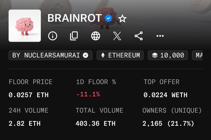 The image shows an NFT collection page for "BRAINROT" by NuclearSamurai, displayed with a pink smiling brain character as the artwork. Key stats include a floor price of 0.0257 ETH (down 11.1% in 24h), 24H volume of 2.82 ETH, total volume of 403.36 ETH, and 2,165 unique owners, supporting the post's claim that the current floor of ~0.025 ETH represents a potential bottom after previously holding at 0.03 ETH.