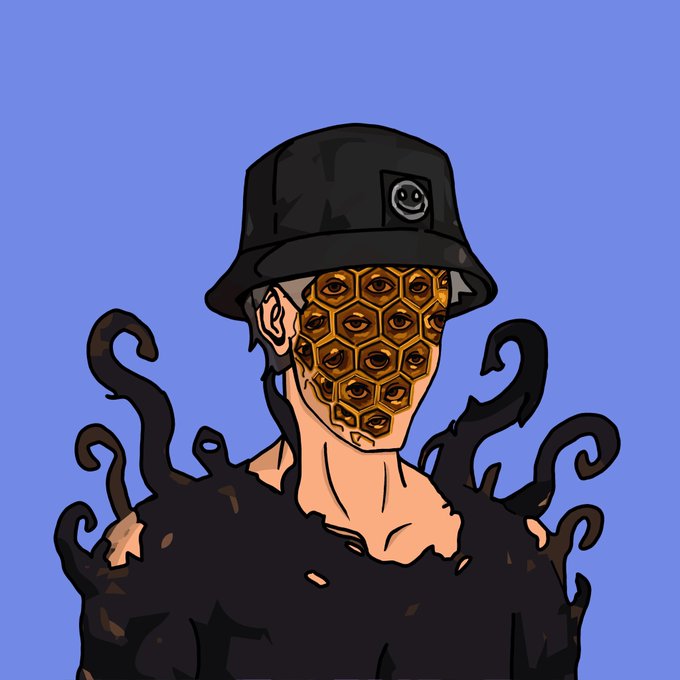 A digital illustration of a figure wearing a black bucket hat with a smiley face logo, a tattered black shirt, and a face composed entirely of golden honeycomb hexagons, with dark tentacle-like forms rising from the shoulders against a solid blue background.