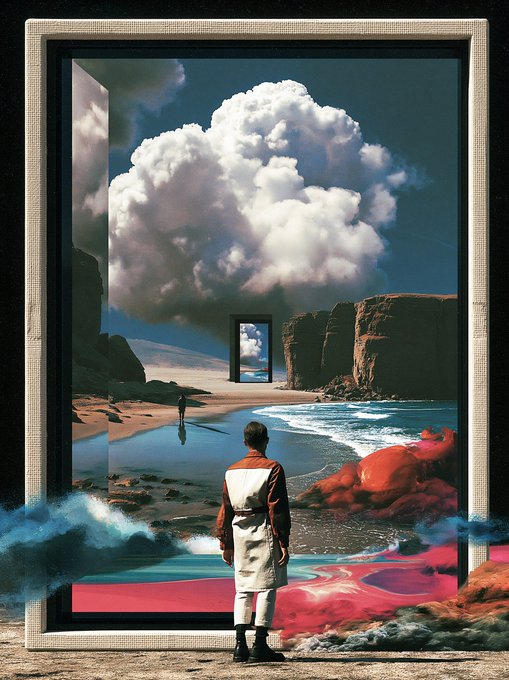 Surreal artwork of a figure standing before a large framed portal revealing a dreamlike landscape with clouds, a beach, cliffs, and red terrain.