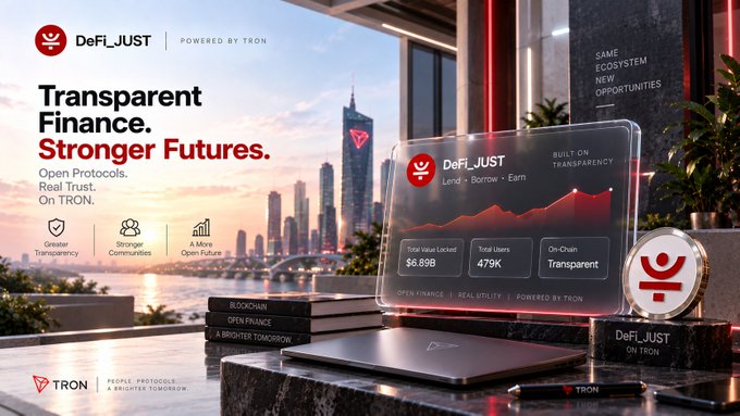 A DeFi_JUST promotional banner advertising 'Transparent Finance. Stronger Futures.' powered by TRON, displaying $6.89B total value locked and 479K total users against a city skyline backdrop.