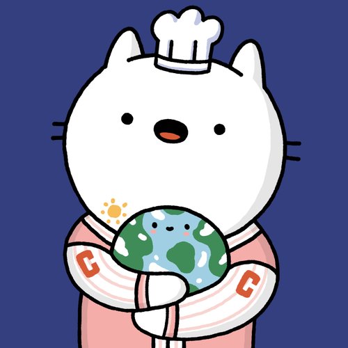 A cute cartoon illustration of a white cat character wearing a chef's hat and a pink letterman jacket with "G" patches, holding a globe with a small sun icon against a dark blue background.