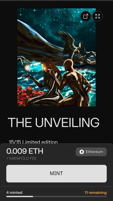 A digital artwork titled "THE UNVEILING" is shown on a marketplace, priced at 0.009 ETH with 11 editions remaining. This image serves as a promotional post for the sale of the limited edition artwork, which features a surreal scene of figures under a starry sky.