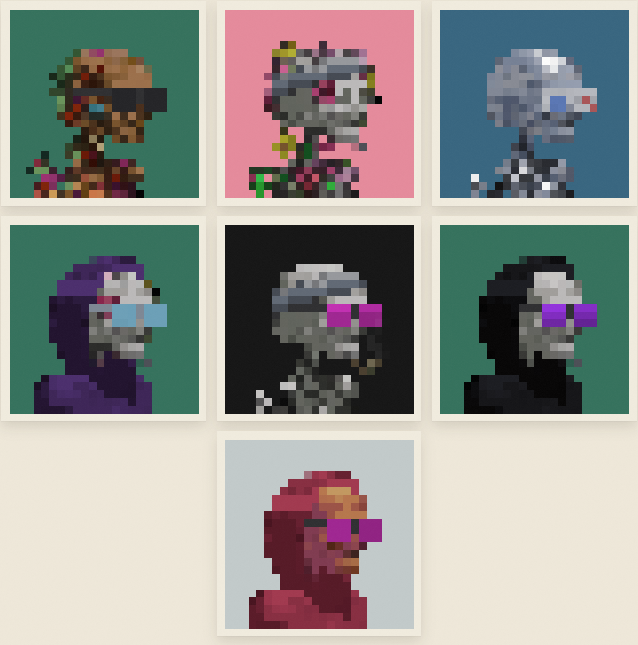 A grid of seven pixel art portraits of a futuristic figure wearing VR-style glasses, displayed in various color schemes on solid color backgrounds.