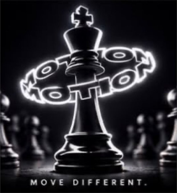 A black and white promotional image featuring a glowing chess king piece in the foreground with a neon sign reading 'MOTION MOTION' in the background and the tagline 'MOVE DIFFERENT.' at the bottom.