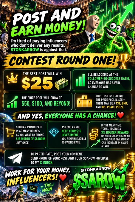 A promotional poster for a cryptocurrency contest by 'STONKARROW' ($AROW), announcing 'CONTEST ROUND ONE' with a $25 prize for the best post, featuring an image of a man and a Pepe the Frog character.