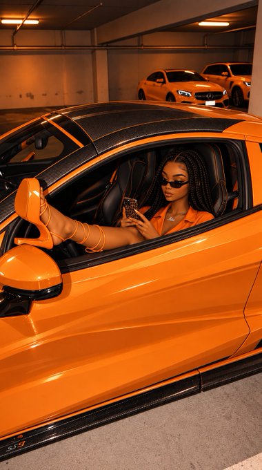A stylized image of a woman wearing sunglasses sitting inside an orange sports car in a parking garage, with her legs propped up on the open window while she looks at her phone.