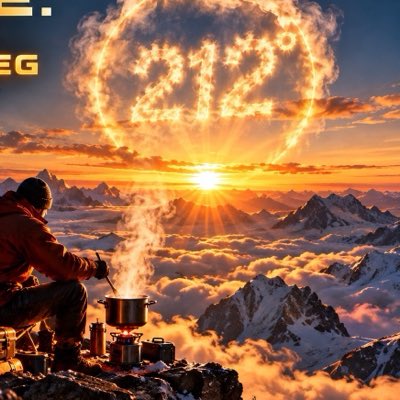An AI-generated image shows a man cooking a pot over a campfire on a mountain peak above the clouds at sunset, with the number "222" formed by clouds in the sky.