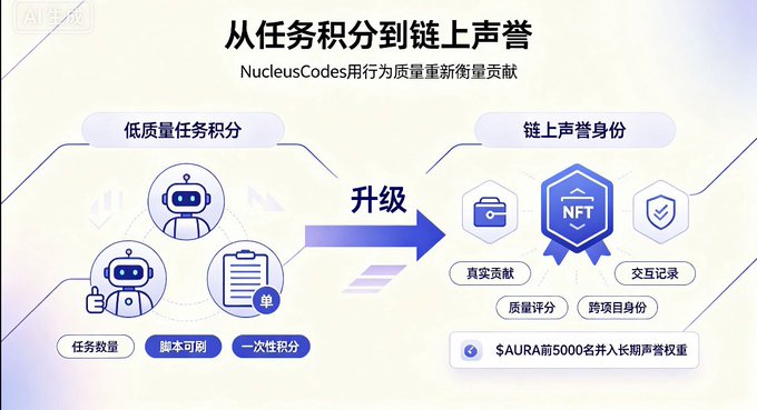 An infographic titled "从任务积分到链上声誉" (From Task Points to On-Chain Reputation) explains how NucleusCodes uses behavior quality to reweight contributions, showing an upgrade from low-quality task points (bots, scripts, one-time points) to on-chain reputation identity (real contributions, interaction records, quality scores, cross-project identity) with NFT badges and $AURA token mention.