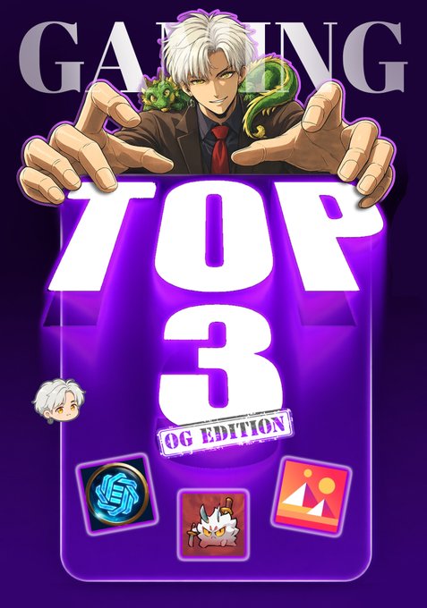 The image features an advertisement for a gaming magazine called "GAMING" with a purple background, white text, and a cartoon character holding up a sign that says "Top 3OG Games". The poster also includes three different game icons representing popular games such as "OG" (Open World Games), "OG3" (OG 3), and "OGG" (OGG 3). These game icons are placed in the bottom left, center, and right corners of the image.