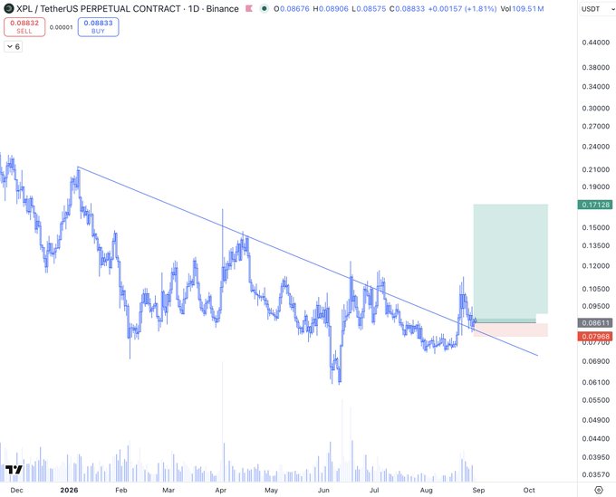 A TradingView daily chart of XPL/USDT perpetual contract on Binance shows a descending trendline breakout with price at $0.08833 (+1.81%), alongside a projected green target zone extending toward $0.17 and a small red stop-loss zone near $0.077, visualizing the analyst's call for a potential 100% upside following a breakout-and-retest setup.