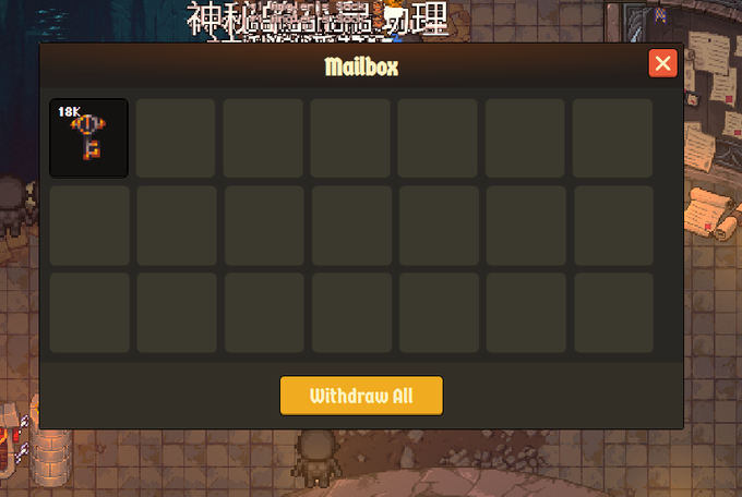 A pixel-art game "Mailbox" interface displays a single key item labeled "18K," visually confirming the $1.8K profit returned to the player in keys, with a yellow "Withdraw All" button ready to claim it.