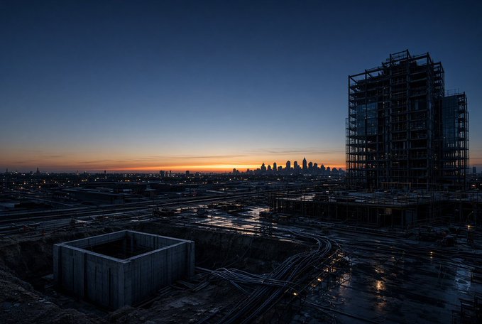 A twilight cityscape with a silhouetted downtown skyline on the horizon and a construction site with an unfinished building in the foreground.