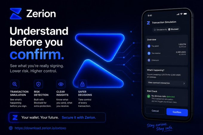 A promotional advertisement for 'Zerion' cryptocurrency wallet service featuring the tagline 'Understand before you confirm' and showing a transaction simulation interface on a smartphone.