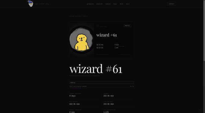 The image shows a website called " wizard #61" displayed on a computer screen. The website has a black background with white text, giving it a clean and professional appearance. The main content of the website appears to be related to magic or fantasy themes, as indicated by the presence of a yellow cartoon character in the center of the page. The post also mentions that the website is not yet huge but focuses on the mechanics behind it, which could include scarcity, participation, and creating a sense of importance for being early.