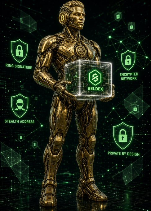 Futuristic illustration of a golden robot holding a glowing cube labeled 'BELDEX', surrounded by green shield icons highlighting features like 'RING SIGNATURE', 'STEALTH ADDRESS', 'ENCRYPTED NETWORK', and 'PRIVATE BY DESIGN'.