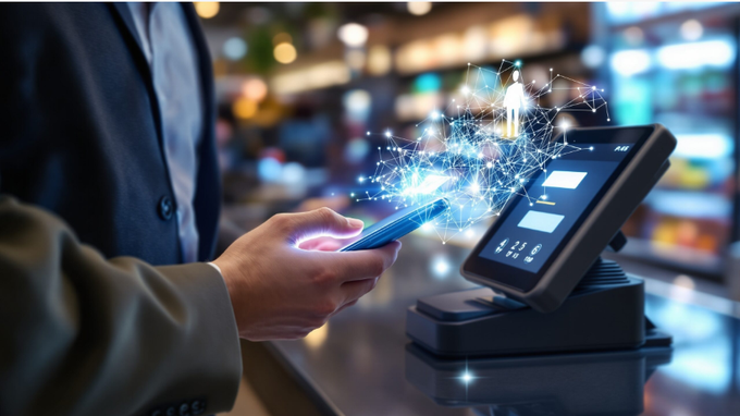 The image shows a person using their phone at a coffee shop, likely paying for their drink with a regular card or digital wallet. The person's hand is holding the phone up to the payment terminal, which displays a virtual interface that appears to be a projection of someone else's face and body. This projection suggests that the person might be interacting with an AI-powered system or using a mobile app designed for contactless payments. The image also includes text about a mobile wallet called Tria, which allows users to earn cashback on their purchases by scanning their cards at participating locations.