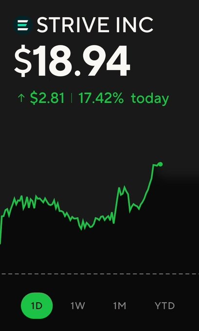 A stock chart for STRIVE INC shows a price of $18.94, up $2.81 or 17.42% today, with the 1D view selected. It supports the post’s boast about making money, although the ticker shown is not $ASST.