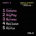 A dark screen listing agent names: '1 Tomate, 2 AnyPay, 3 Bureau, 4 Reclaim, 5 Airlo' with 'AGENTS PAYMENTS PROTOCOL' branding.