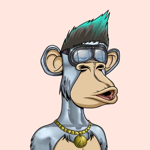 A cartoon illustration of a Bored Ape-style character with a teal mohawk, goggles on its forehead, and a gold peace sign necklace against a peach background.
