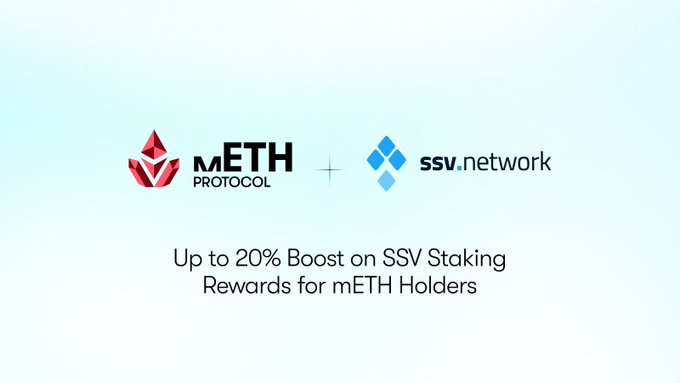 The image features a large white banner with two logos side by side - one representing "METH" in red and black letters, and the other representing "SSV Network" in blue and black letters. Below these logos, there are text that reads "Up to 20% boost on SSV Staking rewards for mETH holders." The text stands out against the white background of the banner, making it clear and easy to read.