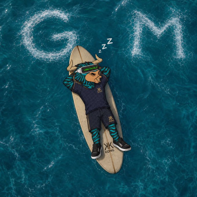 A cartoon bull wearing "UNBREAKABLE" VR goggles and "KONG" branded apparel sleeps on a surfboard floating in the ocean, with "G N" swirled into the waves above—playing on the "Gm gm" greeting with the "G" and "N" from "GMGN."