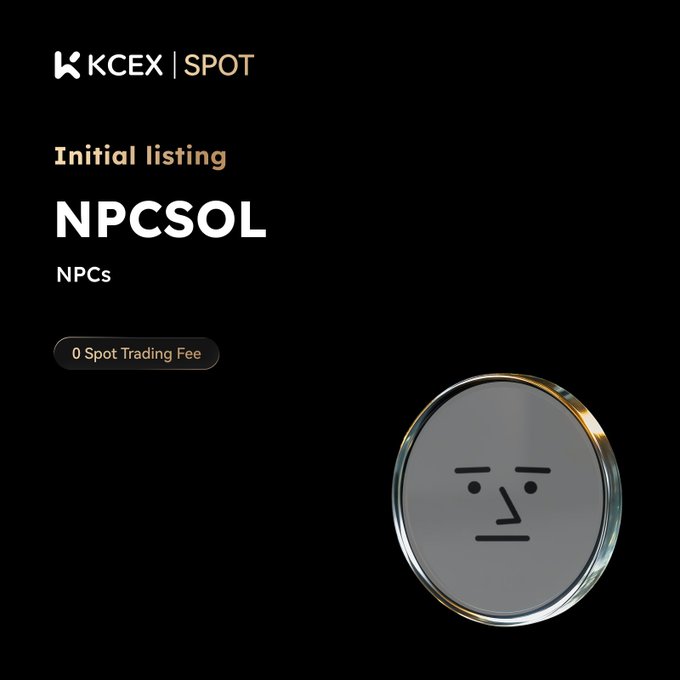 KCEX Spot exchange announcement for the initial listing of NPCSOL by NPCs, featuring '0 Spot Trading Fee' and a silver coin character with a neutral face.