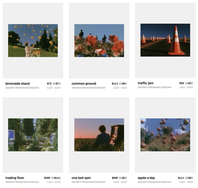 An artist named slander's first collection of 6 works being sold on a digital marketplace, priced between $69-$505, with the post celebrating 6 pieces minted and 39 patrons supporting the launch.