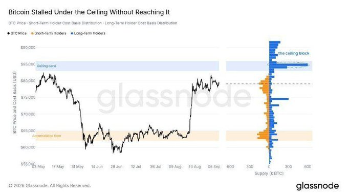 A Glassnode chart titled 'Bitcoin Stalled Under the Ceiling Without Reaching It,' displaying BTC price from May to September with short-term and long-term holder cost basis distributions highlighting a 'ceiling band' around $85,000-$90,000 and an 'Accumulation Floor' near $60,000-$65,000.