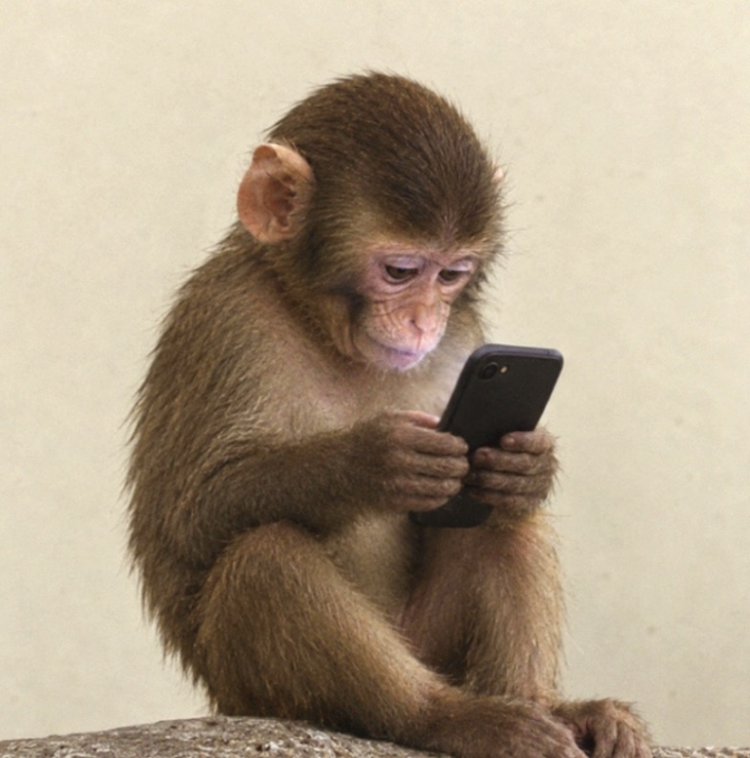 A photograph of a small monkey sitting on a ledge, intently looking down at a smartphone held in both hands.