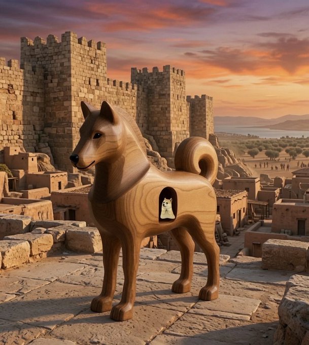 A wooden sculpture of a dog standing in front of an ancient stone fortress at sunset, with a small white cat peeking out from an opening in the dog's side.