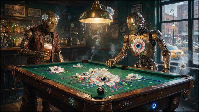 A surreal digital artwork depicting two vintage-style robots playing pool on a table decorated with colorful painted flowers, set in a moody, atmospheric bar.