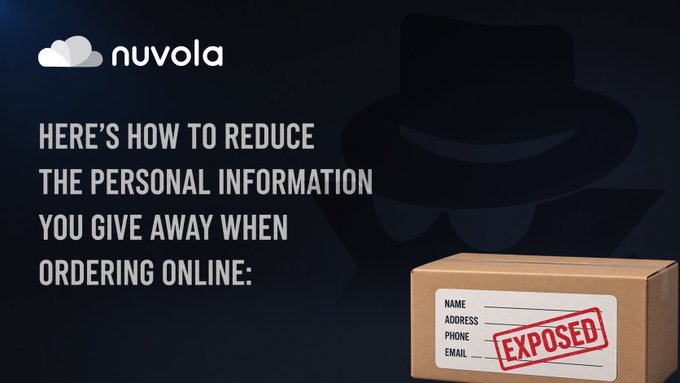 An advertisement graphic from 'nuvola' with the text 'HERE'S HOW TO REDUCE THE PERSONAL INFORMATION YOU GIVE AWAY WHEN ORDERING ONLINE:' alongside an image of a cardboard package marked 'EXPOSED'.