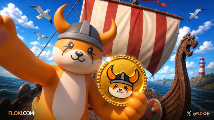 The image features a cartoon character, possibly a fox or a bear, standing next to a boat with an orange and white striped sail. The character appears to be holding up a gold coin that has a cartoon-like design of a cat on top. In the background, there are several seagulls flying around, adding to the overall atmosphere of the scene. The image also includes text that reads "All you need is couple of $FLOKI coins That' s literally it".