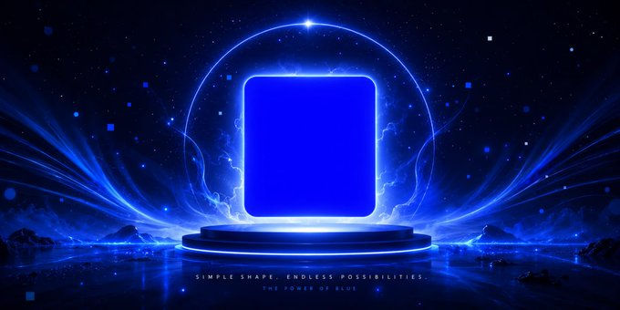 A glowing blue square floats above a luminous stage in a cosmic, futuristic setting, with the text "SIMPLE SHAPE. ENDLESS POSSIBILITIES. THE POWER OF BLUE" beneath it. The minimalist blue square symbolizes Base's identity as a clean, foundational building block for onchain innovation, while the futuristic space-like backdrop reinforces the forward-looking promise of the Ethereum Layer 2 network.