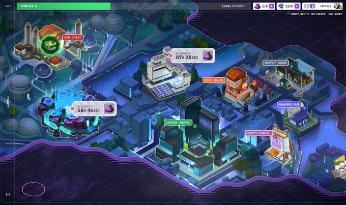 A digital isometric city map from a game interface showing buildings like 'COMPUTE 4', 'NEW QUEST', 'DOOR SERVER', 'SUPPLY HOUSE', 'CURIOSITY SQUARE', 'RESEARCH HUB', and 'PUMP'S PORTAL' with various timers displayed.