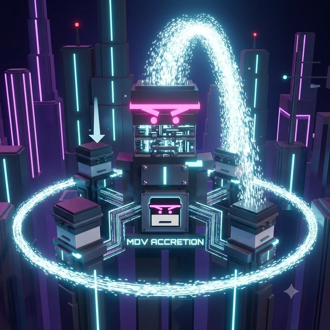 A neon-lit futuristic 3D cityscape with cybernetic structures and glowing blue light trails, featuring text reading 'MDV ACCRETION' and a downward arrow pointing to one of the robotic units.
