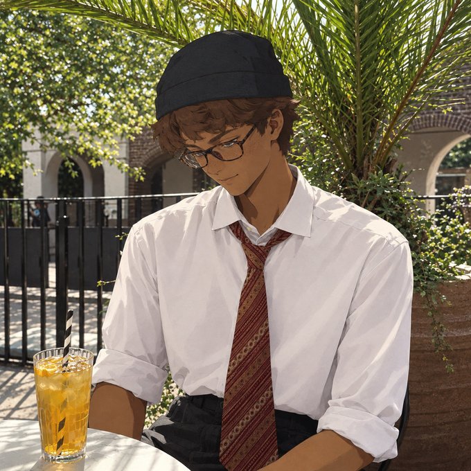 An anime-style illustration of a young man wearing glasses, a black skullcap, a white shirt, and a red patterned tie, sitting at an outdoor table with an iced drink.