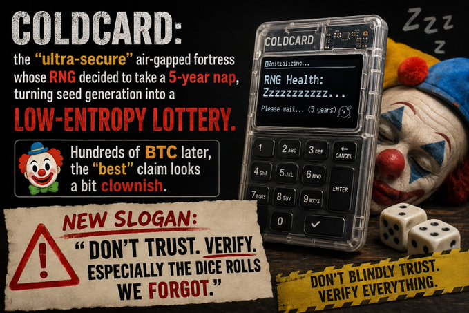 A satirical graphic titled 'COLDCARD' depicts the ultra-secure air-gapped fortress as a 'low-entropy lottery' with a 5-year RNG nap, featuring a sleeping clown, dice, and a new slogan: 'Don't Trust. Verify. Especially the dice rolls we forgot.'