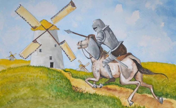 A whimsical painting depicts an armored knight riding a white horse with a lance, galloping past traditional windmills in a sunny countryside landscape.