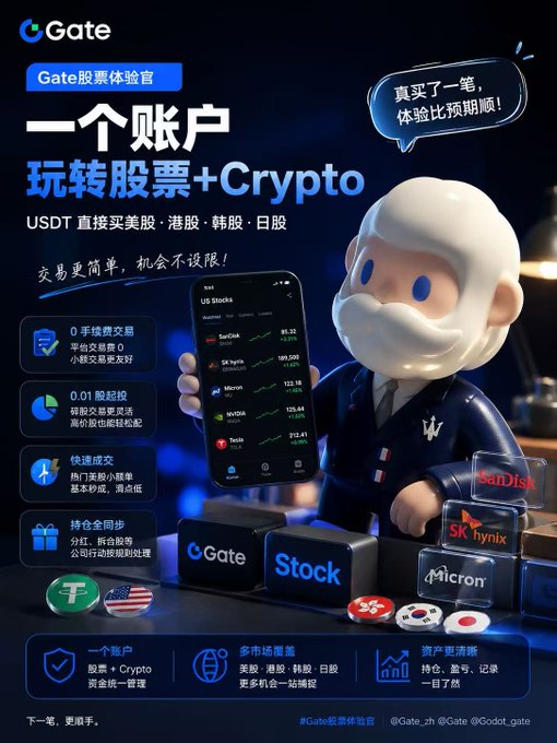 A promotional poster for Gate's "Stock Experience Officer" campaign features a 3D mascot holding a smartphone displaying US Stocks (SanDisk, SK hynix, Micron, NVIDIA, Tesla) alongside Chinese text promoting trading US/HK/Korean/Japanese stocks with USDT in one account, with zero fees and instant deposits. The image visually supports the post's testimonial about using Gate to trade storage sector stocks like SanDisk, SK hynix, and Micron across multiple markets.