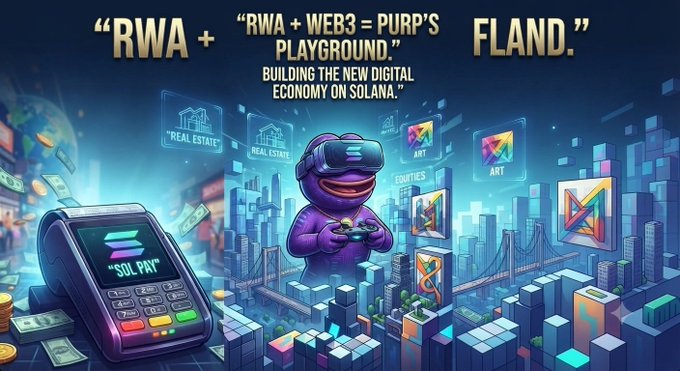 The image illustrates "RWA + WEB3 = PURP'S PLAYGROUND," showcasing a digital economy on Solana with "SOL PAY" payment technology and virtual real estate, aligning with the post's message about building the new digital economy on Solana.