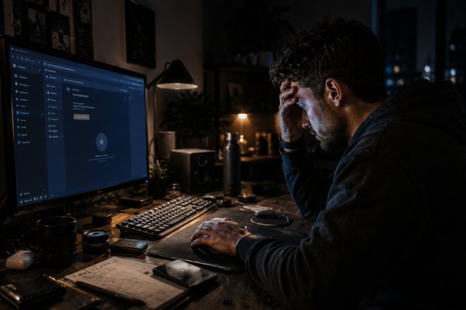 A man sits hunched at a dimly lit desk, hand pressed to his forehead in apparent frustration while staring at a computer screen displaying what appears to be a cryptocurrency wallet or login interface. The image visually reinforces the post's cautionary theme about the stress and risks of navigating crypto platforms, capturing the tense moment of a trader grappling with technical difficulties that could impact their investments.