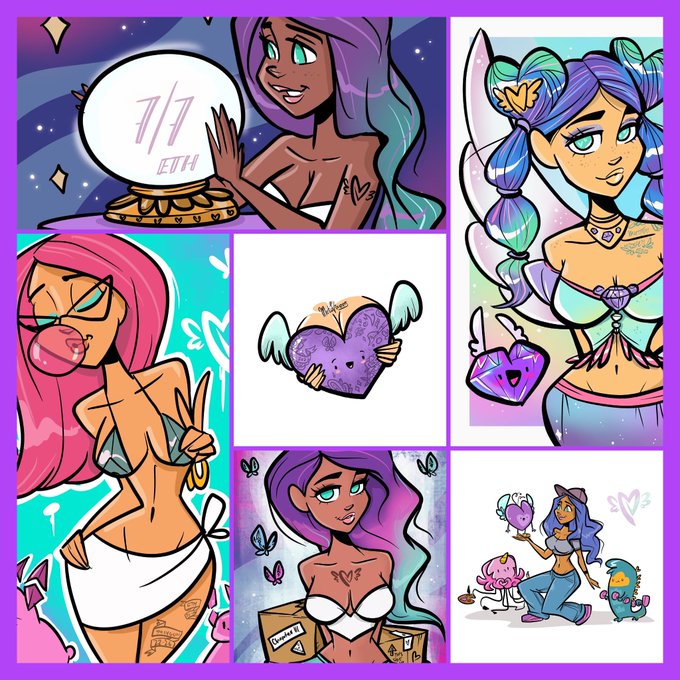 A collage of colorful cartoon illustrations featuring anime-style female characters in various poses, including one with a crystal ball displaying "1/1 ETH".
