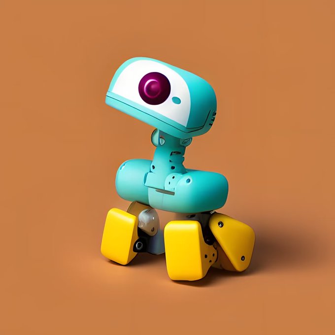 A 3D rendering of a small teal and yellow robot with a single large purple eye, sitting against a solid brown background.