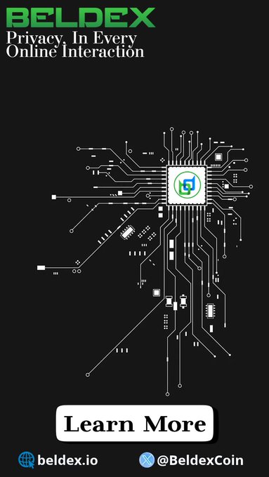 Beldex promotional graphic featuring the tagline "Privacy, In Every Online Interaction" with a circuit-board style illustration centered around the Beldex logo, paired with a "Learn More" button and contact details (beldex.io, @BeldexCoin), visually reinforcing the post's message about Beldex's privacy-focused Proof-of-Stake architecture originally forked from Monero.