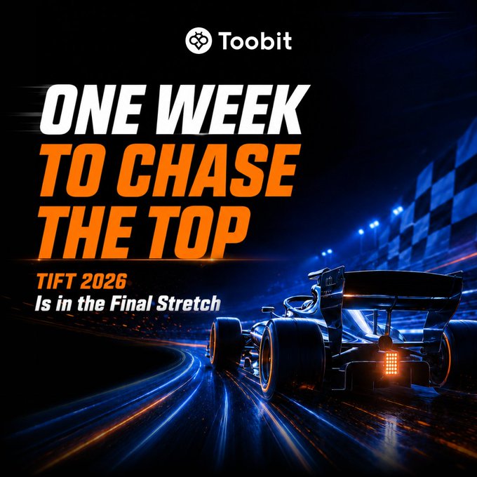 A dramatic promotional graphic for Toobit's TIFT 2026 trading competition features a speeding Formula-style race car with checkered flags and motion blur trails, alongside bold text reading "ONE WEEK TO CHASE THE TOP - TIFT 2026 Is in the Final Stretch," reinforcing the post's urgent message that traders have just 7 days left to compete for 3,000,000 USDT in total rewards.