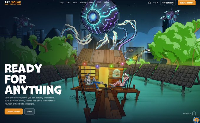 ApeSolar website homepage featuring a colorful illustration of a floating hut with solar panels, an AI orb, and people relaxing, with the tagline 'READY FOR ANYTHING'.