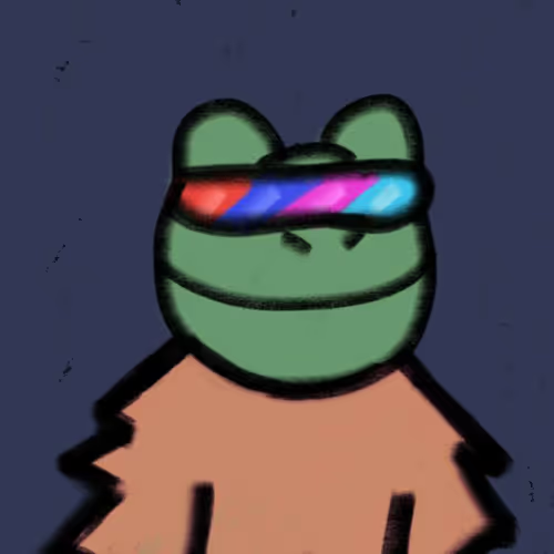 A digital drawing features a green frog-like character wearing a glowing red and blue visor over its eyes, set against a dark blue background.