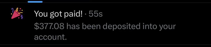 A notification reads "You got paid! · 55s — $377.08 has been deposited into your account," celebrating an earnings milestone of $377.08, which the poster plans to invest into a "bag worker token" to make a promotional image.